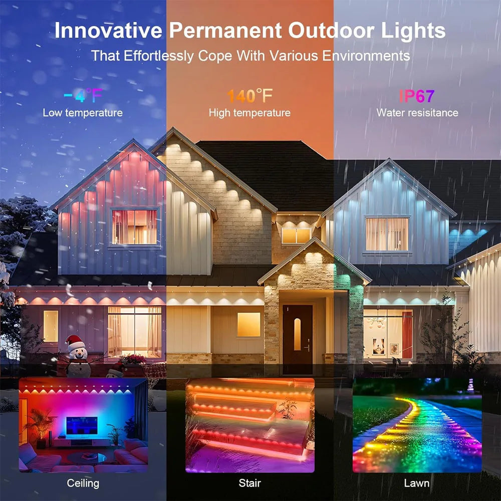 300FT Permanent Outdoor RGB Lights IP67 Waterproof with Smart App Control Remote DIY Scene Modes Eaves Light for Garden Decor