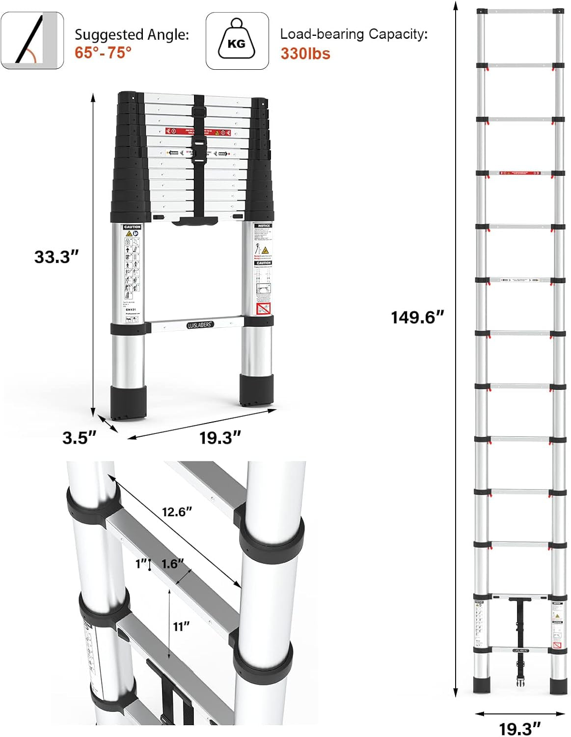 Telescoping Ladder, 12.5Ft Lightweight Extension Telescopic Ladder, Button Retraction Slow down Design, Aluminum Multi Purpose RV Ladder EN131 330Lbs Max Capacity for Outdoor Work