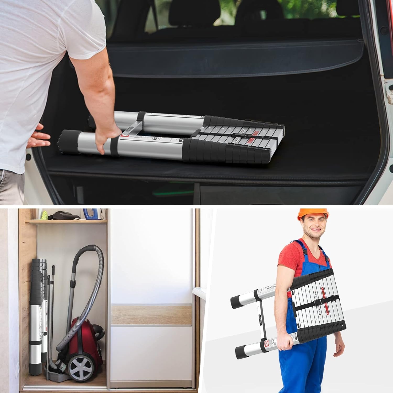 Telescoping Ladder, 12.5Ft Lightweight Extension Telescopic Ladder, Button Retraction Slow down Design, Aluminum Multi Purpose RV Ladder EN131 330Lbs Max Capacity for Outdoor Work